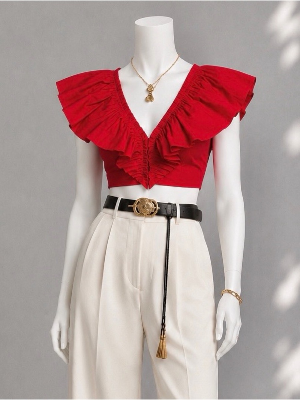 Iorane Coquette Red Ruffled Crop Top and White Shorts Set